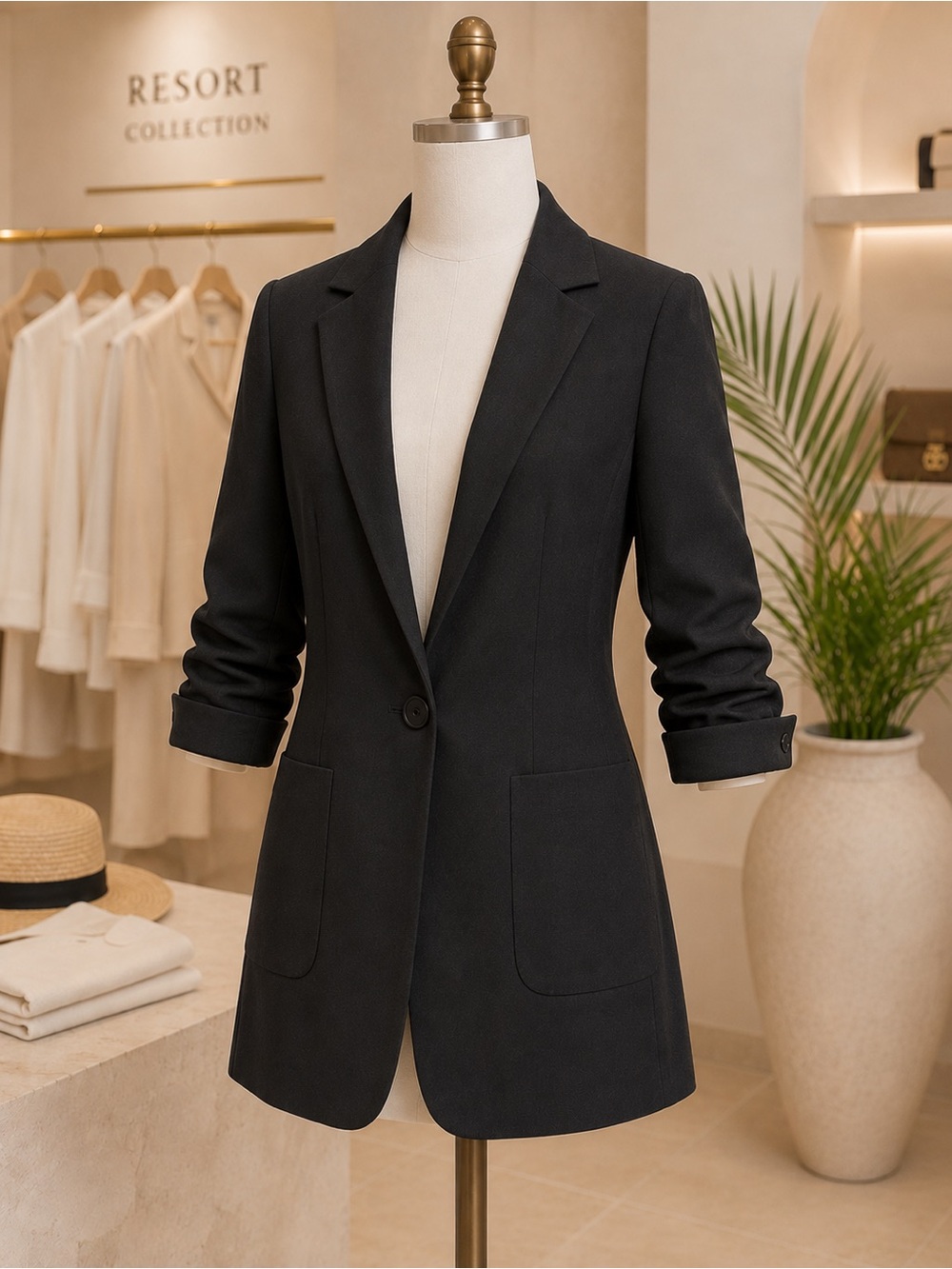 Elizabeth and James Charcoal Wool Longline Ruched Sleeve Blazer Size 4